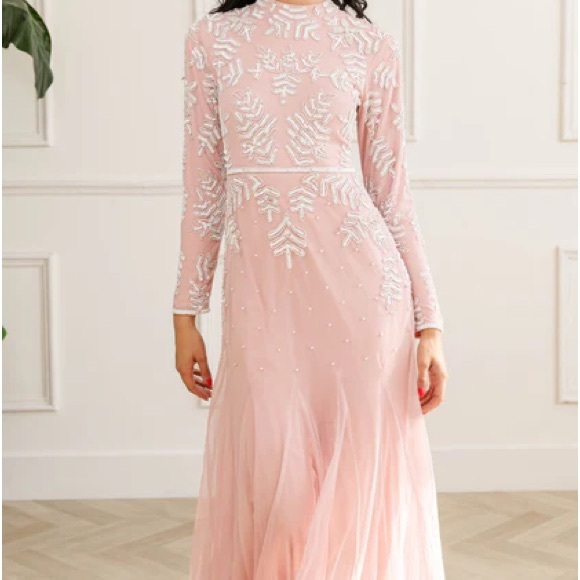 PASTEL PINK PEARL LONG SLEEVE MERMAID DRESS - Picture 2 of 8